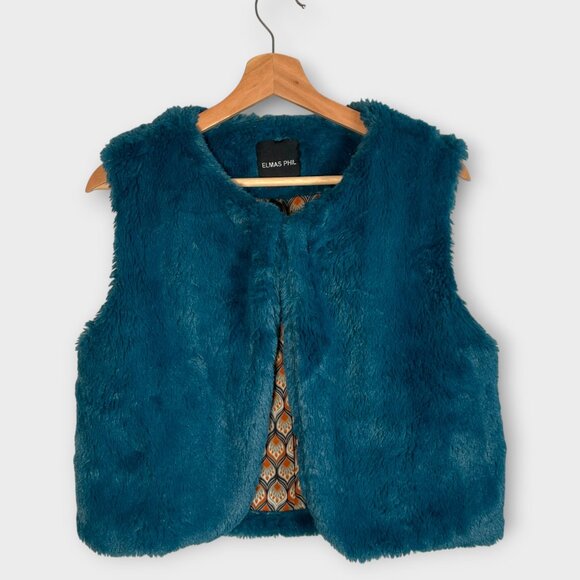 High End Elmas Phil Faux Fur Vest MEDIUM Teal Made in Italy EUC - Picture 1 of 11